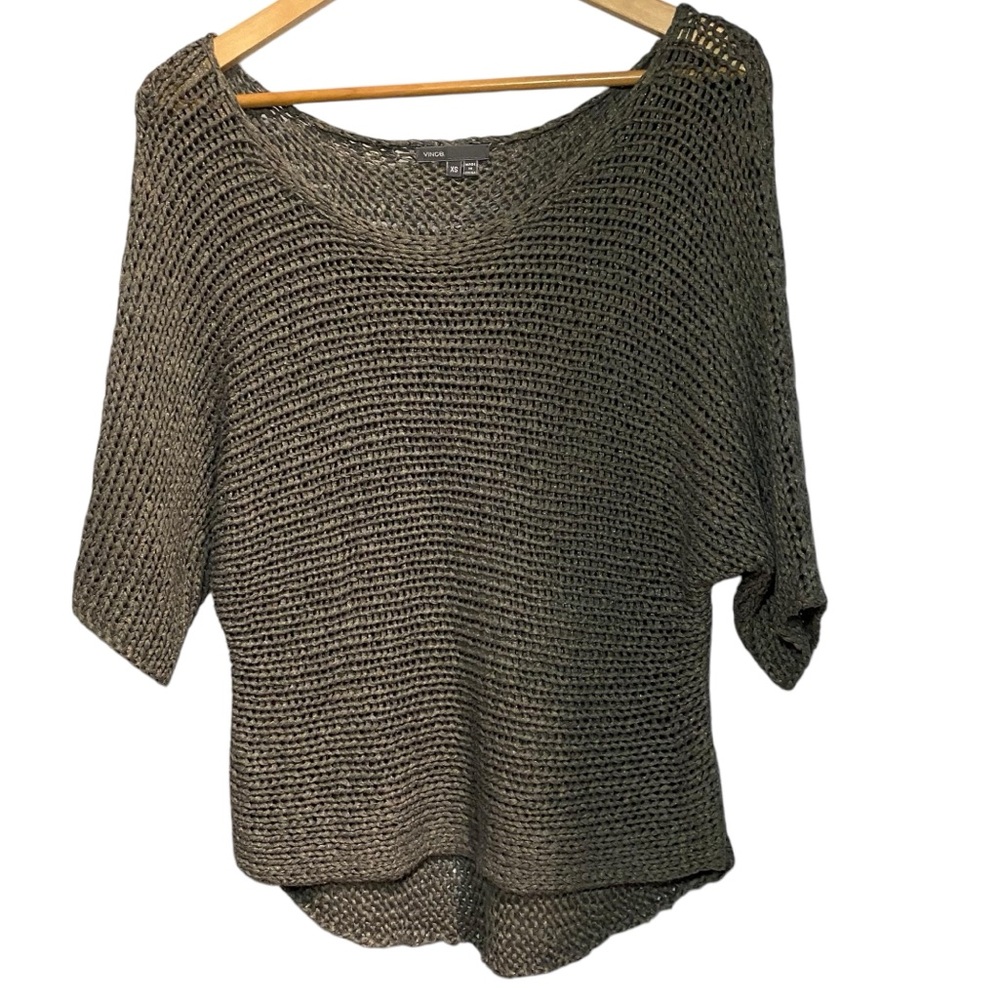 Vince Grey Metalic Gold Off-the Shoulders Short Sleeve Knit Sweater XS